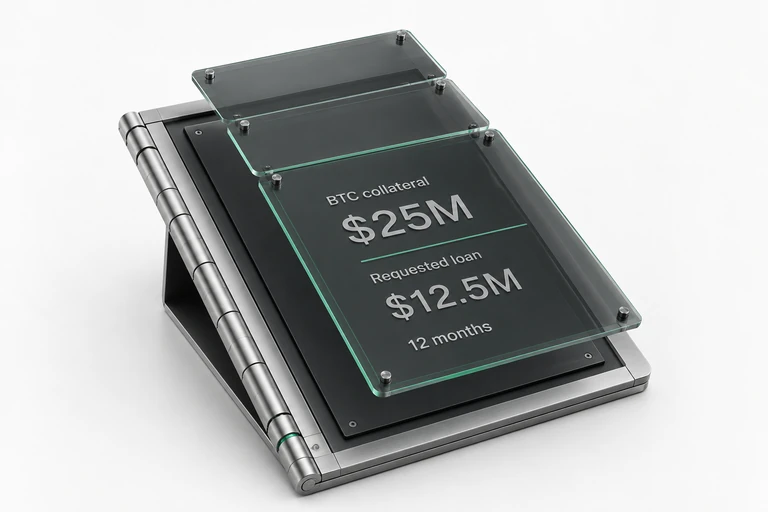 Illustrative request: $25M in BTC collateral, $12.5M requested loan, 50% LTV and a 12-month tenor.