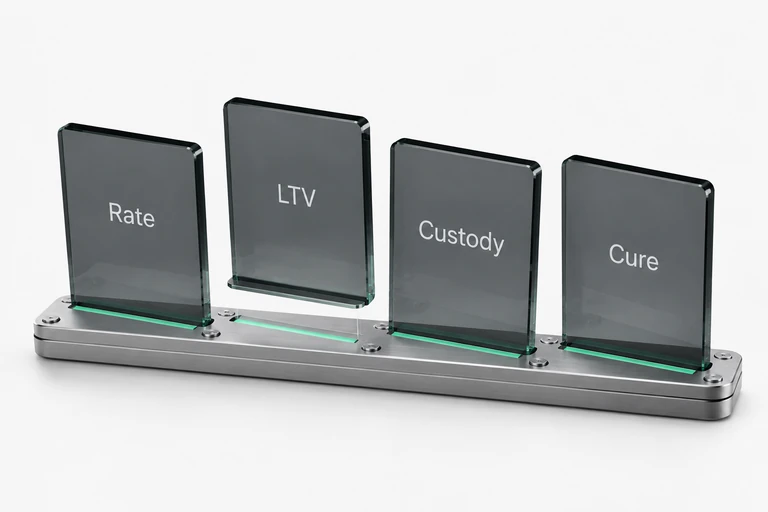 Four glass lenses represent rate, loan to value, custody and cure. Select a term below to lift its lens.