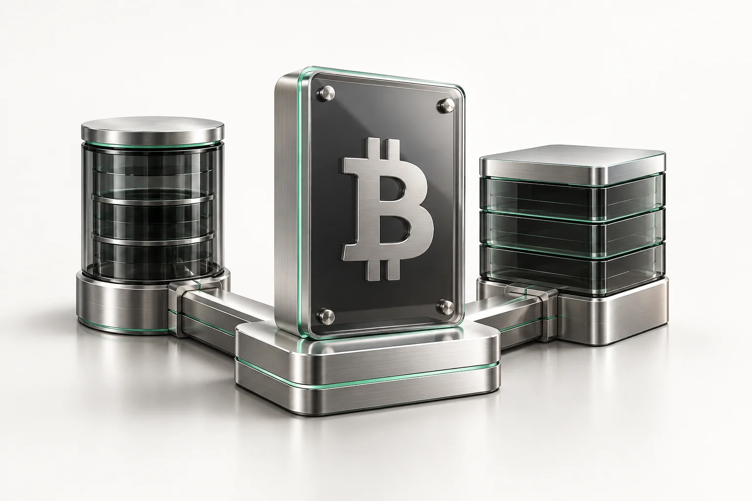 A Bitcoin collateral facility connected to two institutional capital sources, rendered in glass and brushed metal.