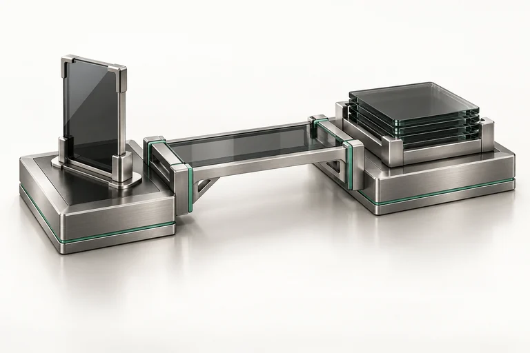 A financing document and an allocation of capital joined by a continuous glass and metal bridge.