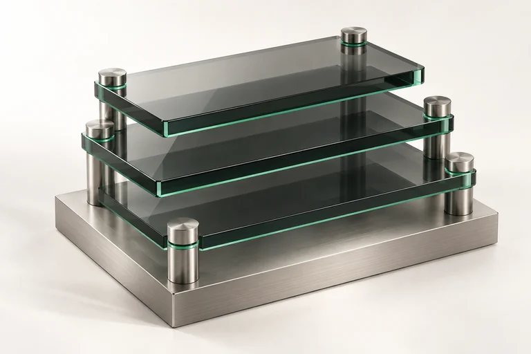 Three glass layers in a machined frame represent the connected protections in a lending facility.